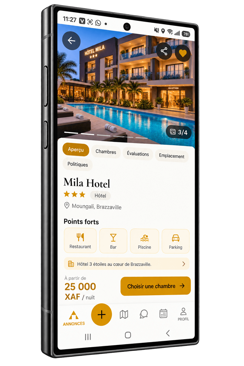 Fiche Mila Hotel avec services et choix d’une chambre dans Altimmo