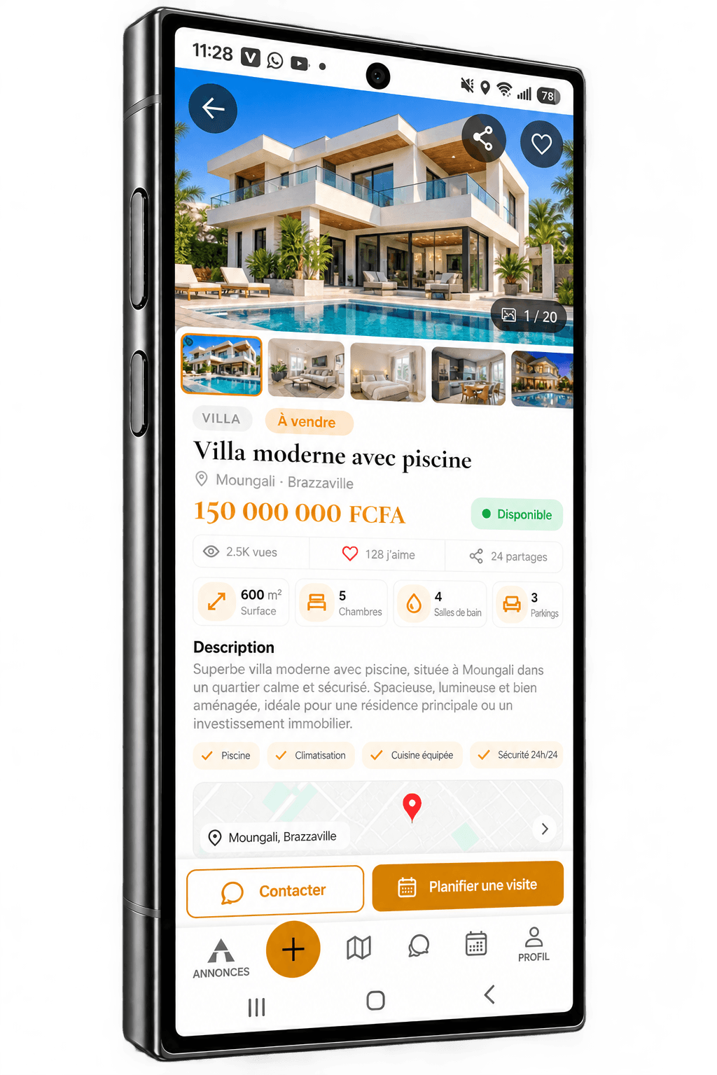 Détail d’une villa à vendre avec localisation, contact et planification de visite dans Altimmo