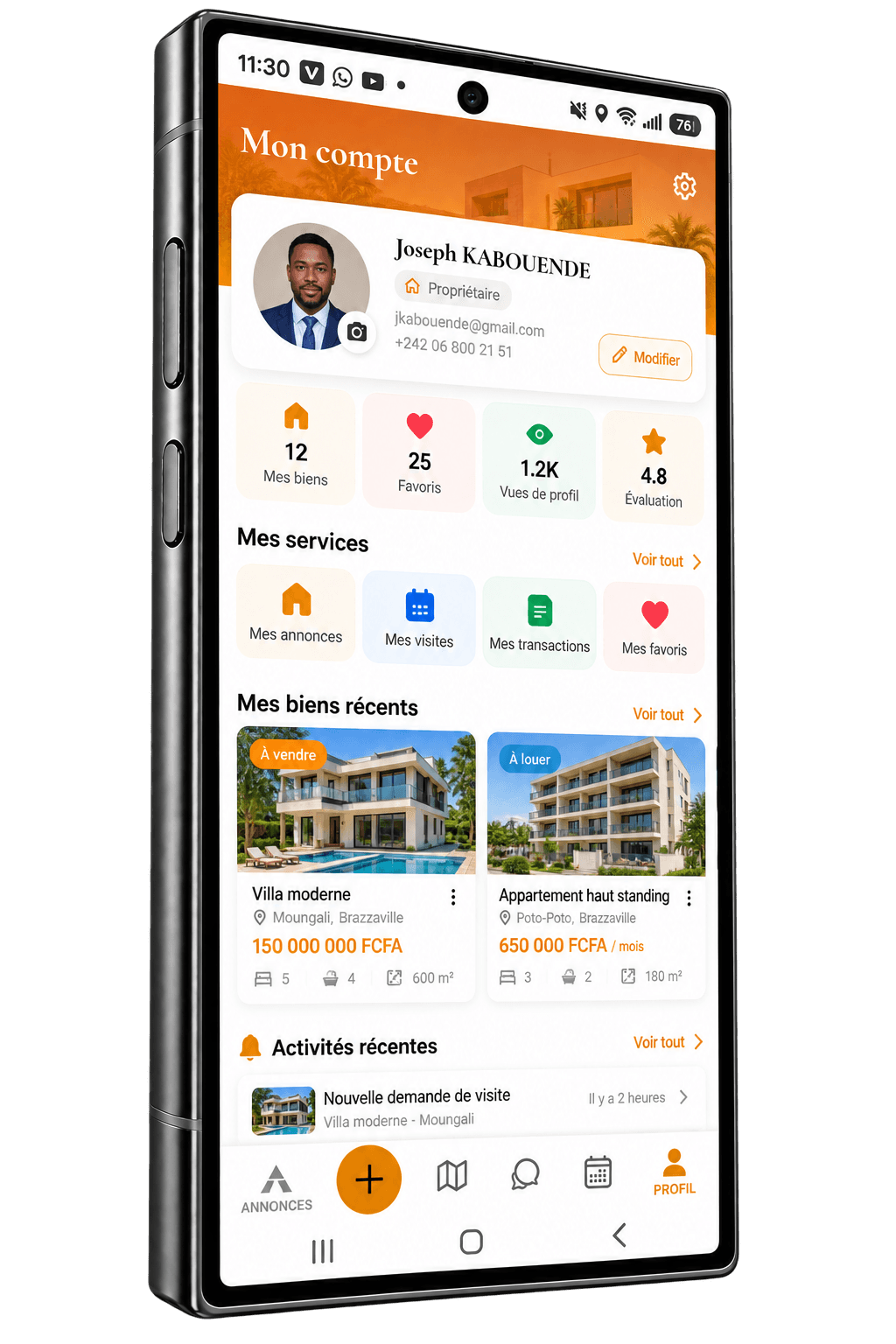 Profil propriétaire Altimmo avec biens, visites, transactions et activité récente