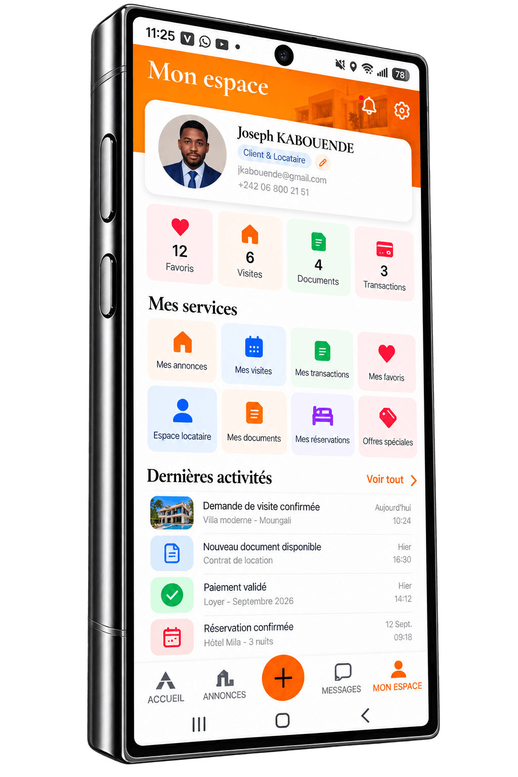 Espace personnel Altimmo avec visites, documents, transactions et réservations
