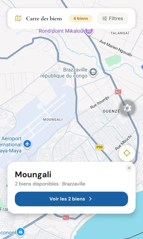 Carte Altimmo des biens à Brazzaville avec le quartier Moungali sélectionné