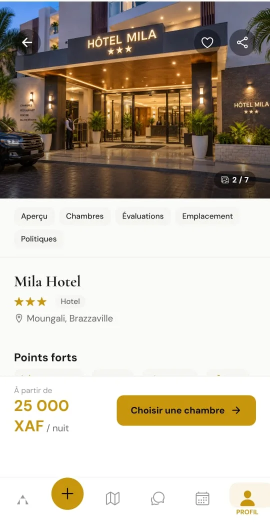 Fiche Mila Hotel dans l’application Altimmo avec le choix d’une chambre